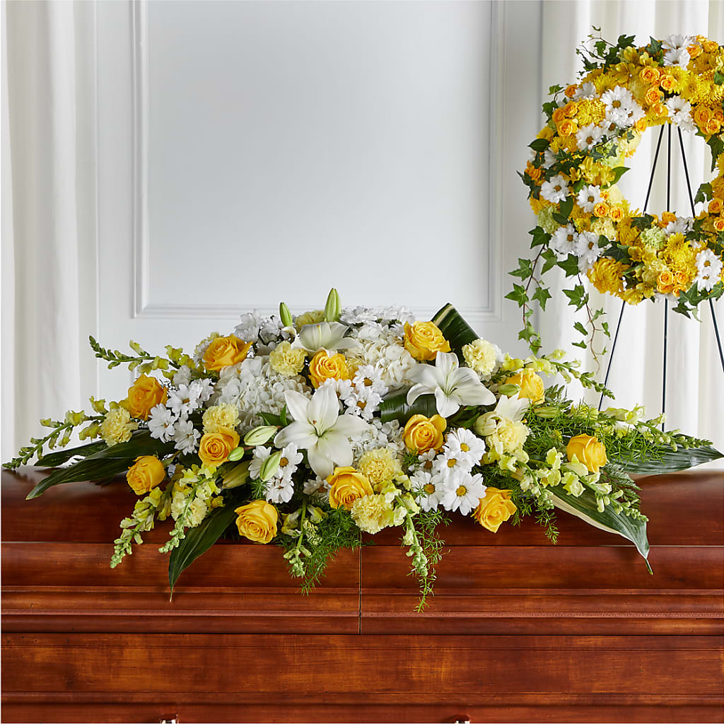 Golden Harmony Casket Spray – Flowersforyou.com, Tontitown AR
