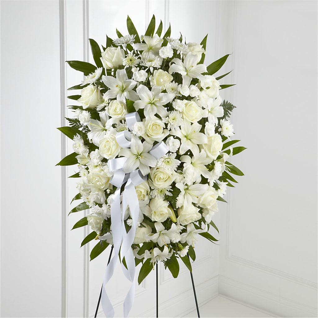 Exquisite Tribute Standing Spray-White Ribbon – Flowersforyou.com, Tontitown AR
