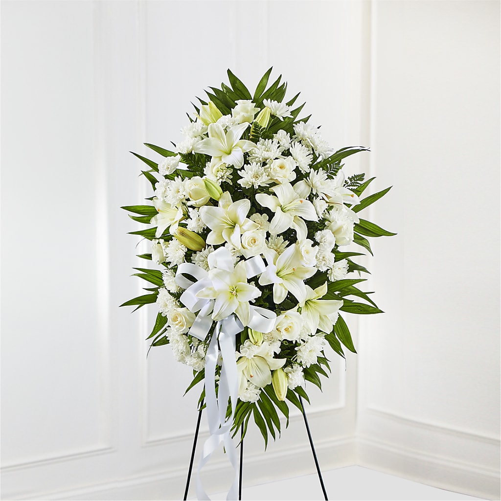 Exquisite Tribute Standing Spray-White Ribbon – Flowersforyou.com, Tontitown AR